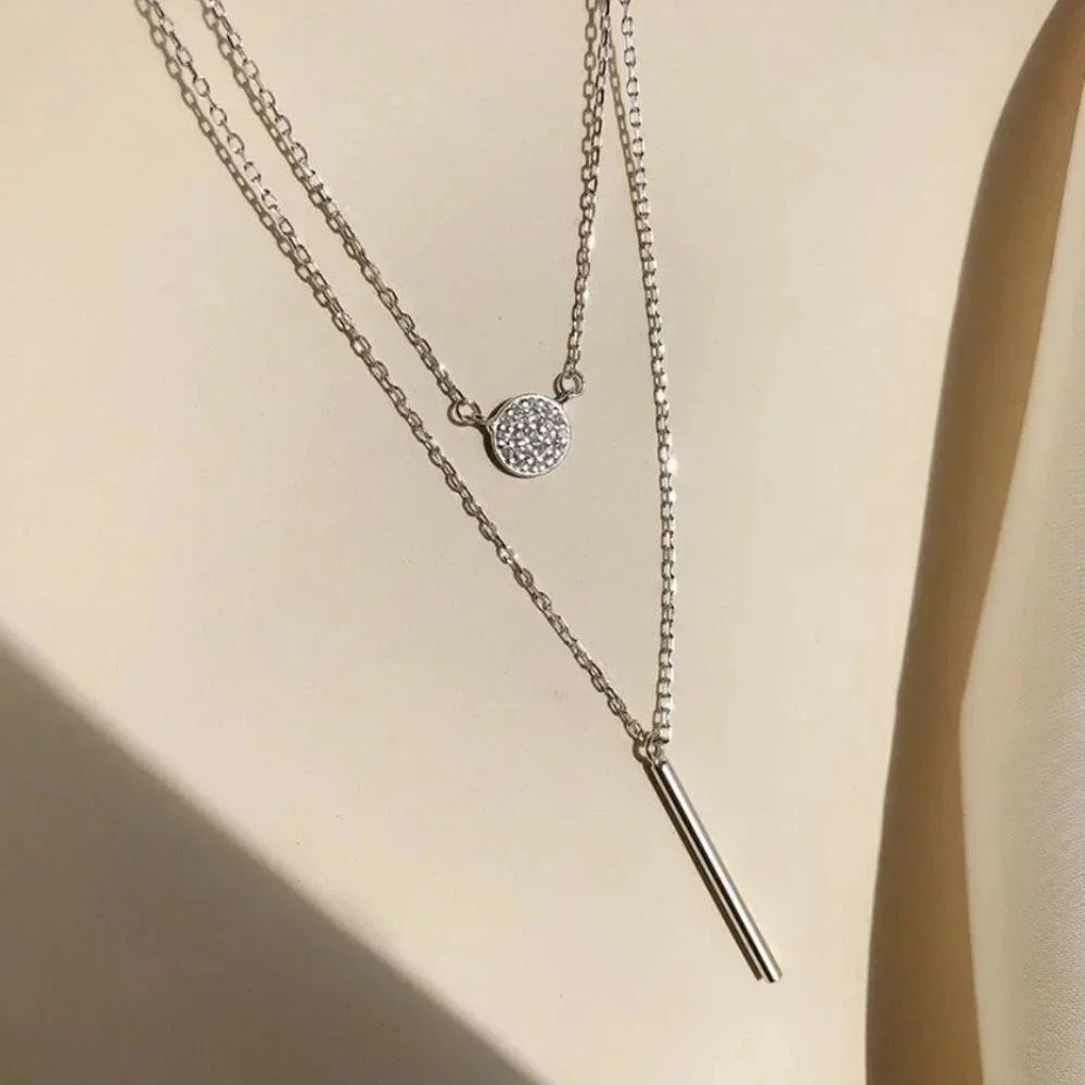925 Sterling Silver Coin & Bar Layered Dainty Minimalist Chain Necklace - Picture 8 of 8